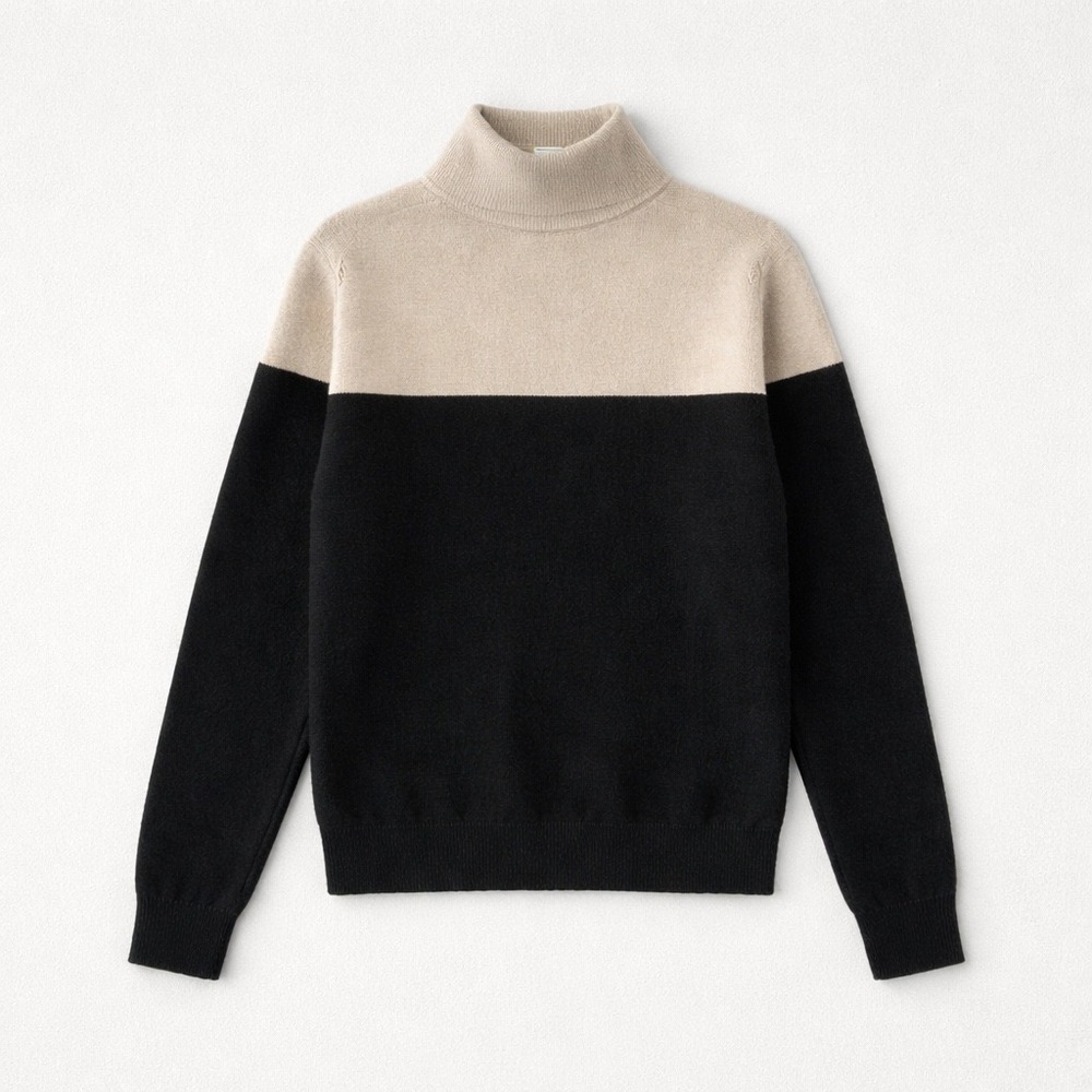 Lord Taylor 100%  Cashmere Colorblock Turtleneck Sweater Beige Black Luxury M